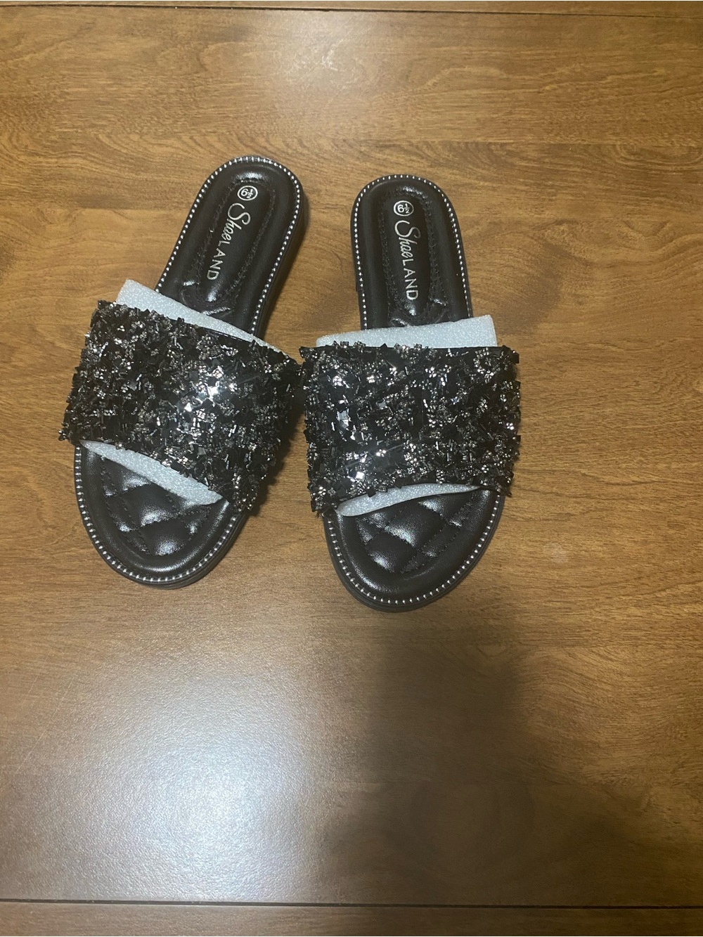 Women's Black Sequin Slide Sandals